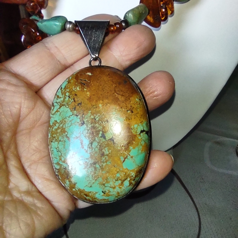 Enormous Turquoise and Amber Pendant Necklace - Statement Piece - Very Heavy - Picture 11 of 16
